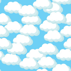 Seamless pattern with white clouds for fabric, decorative paper, web. Flat vector illustration on blue sky background.