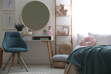 Teenage girl's bedroom interior with stylish furniture. Idea for design