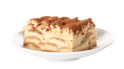 Tasty tiramisu on white background