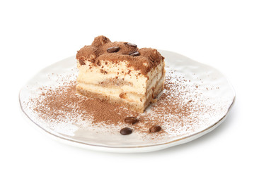 Tasty tiramisu on white background