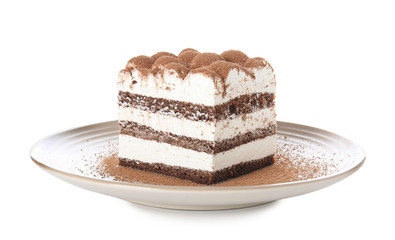 Tasty tiramisu on white background