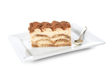 Tasty tiramisu on white background