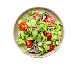 Plate with tasty cucumber salad on white background