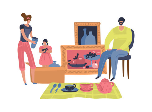 People selling second hand retro goods. Family sell or swap tableware, paintings, vintage furniture. Cheap garage sale, flea market, retail business outdoors. Flat cartoon vector concept