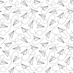 Line paper airplane seamless pattern. Flying black planes of different angles and dotted line trails on white background. Creative design textile, wrapping, wallpaper vector texture