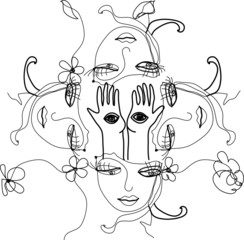 Fantastic face of lady and have hamsa hands in the middle