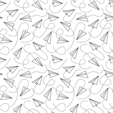 Line paper airplane seamless pattern. Flying black planes of different angles and dotted line trails on white background. Creative design textile, wrapping, wallpaper vector texture