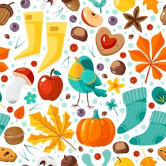 Obraz na płótnie Canvas Autumn seamless pattern. Yellow leaves, pumpkins and nuts, bright repeated elements fall holidays, creative design textile, wrapping paper, wallpaper vector texture