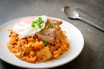 Kimchi fried rice with fried egg and pork