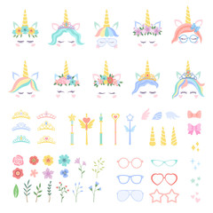 Fototapeta na wymiar Pony unicorn face elements. Unicorns constructor details, pretty hairstyles, magic horn and cute crown, flowers and leaves, bows, eyelashes vector set in pastel colors