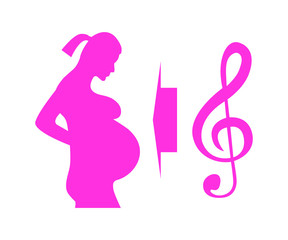 Pregnant woman and treble clef pink on white background, sign for design, vector illustration
