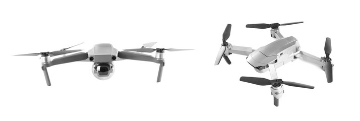 Different drones on white background. Modern gadget