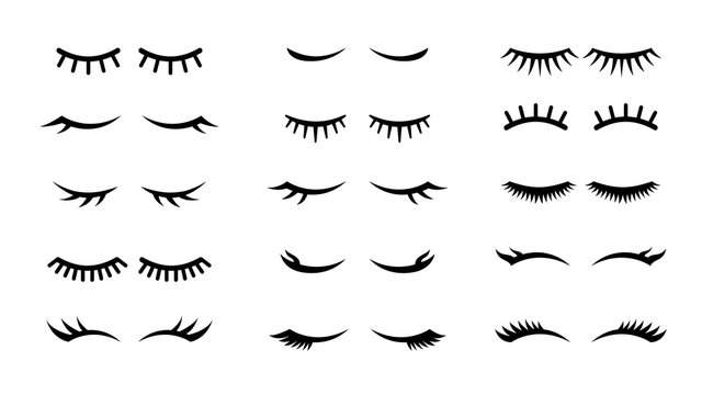 Closed girl eyes and eyelashes. Various closed eye with beautiful black eyelashes, mascara beauty face makeup line vector set