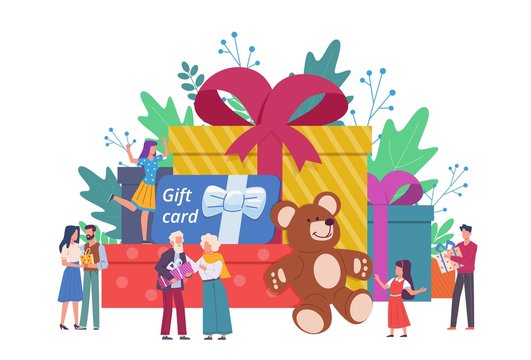 People with gift boxes. Giant box with presents and small people happy men and women, event congratulate and surprise characters, discount coupon and certificate vector concept