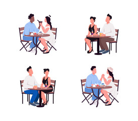 Couples sit at table flat color vector faceless character set. Man and woman in coffeeshop. Weekend romantic pastime isolated cartoon illustration for web graphic design and animation collection