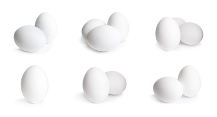 Set of fresh eggs on white background, banner design