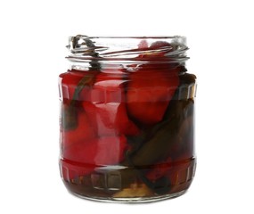 Jar of pickled peppers isolated on white