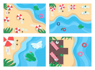 Fototapeta na wymiar Sandy beaches flat color vector illustration set. Tropical holidays. Summer recreation places. Inflatables and beach parasols. 2D cartoon landscape with nature on background collection