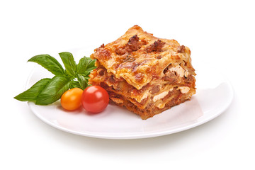 Lasagna, Traditional homemade italian dish, isolated on white background