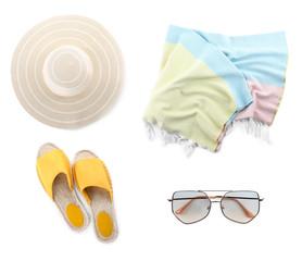 Set of beach objects on white background, top view