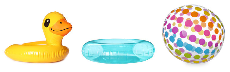 Set of inflatable beach objects on white background, banner design