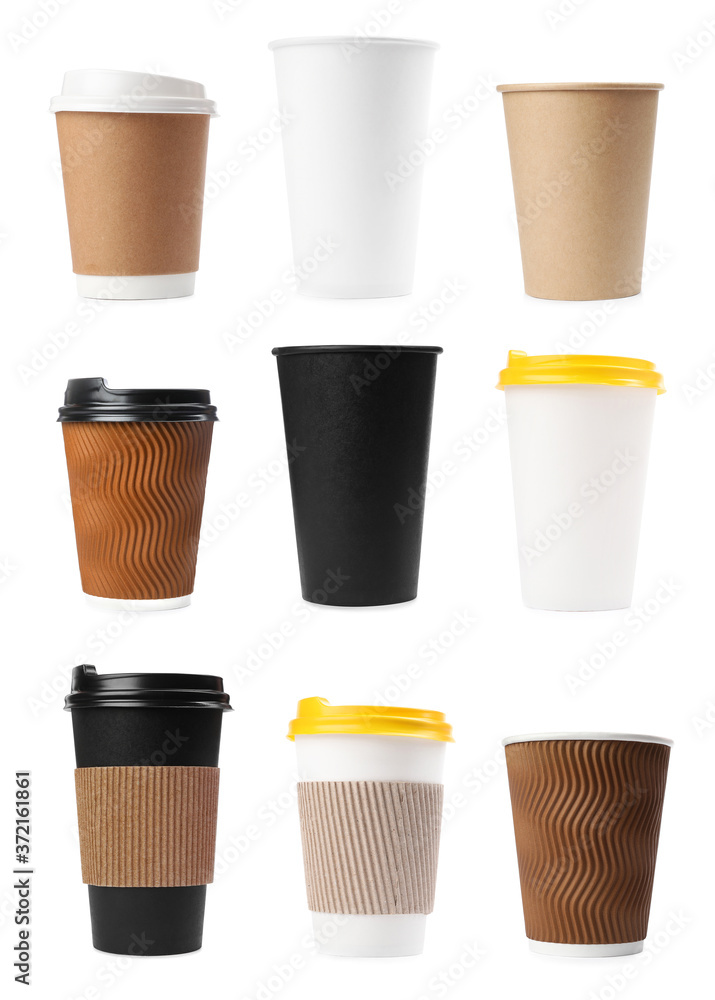 Sticker Set of paper coffee cups on white background