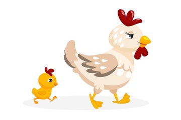 Fowl family. Adorable fowl family character isolated on white background. Hen and little chick on walk icon. Chicken with brood vector illustration