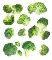 Set of fresh green broccoli on white background, top view