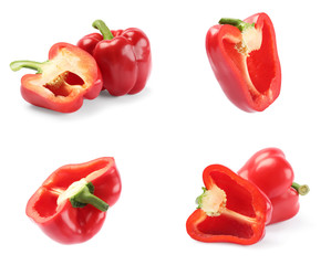 Set of red bell peppers on white background