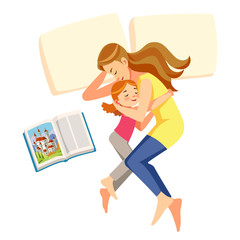 I love mom. Mother put her daughter to sleep. Concept care. Motherhood child-rearing. Mother's day holiday. Isolated vector illustration in cartoon style.