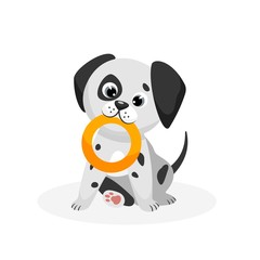 Dalmatian puppy. Isolated playful purebred Dalmatian dog puppy icon. Cute spotted doggy pet animal cartoon character sitting and playing with toy ring