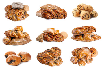 Set of different pastries with poppy seeds on white background