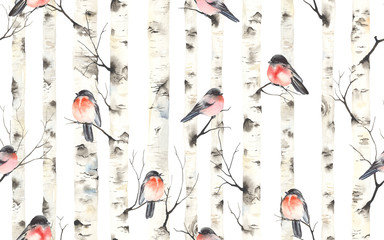 Bouleaux avec des oiseaux bouvreuils sur les branches, aquarelle transparente motif. Illustration de la forêt de tiges, modèle nature, fond de Noël.