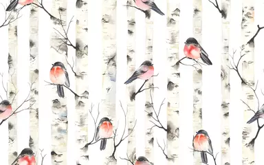 Papier Peint photo autocollant Bouleaux Bouleaux avec des oiseaux bouvreuils sur les branches, aquarelle transparente motif. Illustration de la forêt de tiges, modèle nature, fond de Noël.
