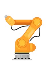 Industrial robot arm. Isolated yellow robotic arm automation icon. Industrial mechanical robot hand. Flat vector machine technology, manufacturing, production industry