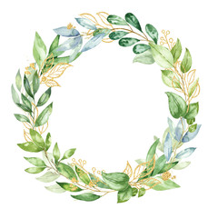 Naklejka premium Hand drawn watercolor fresh green floral wreath, laurel frame, foliage design isolated on white background. Watercolour illustration.