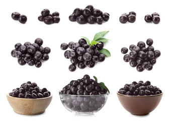 Set of fresh acai berries on white background
