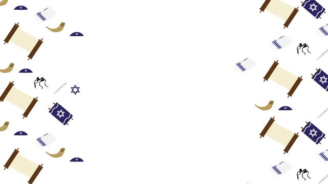 Jewish elements animated background - Torah scroll, Torah hand, Tallit, Star of David, Tefillin, and Shofar on White Background
