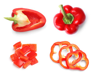 Collage with red bell peppers on white background, top view