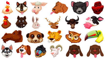 Set of different cute cartoon animals head huge isolated on white background
