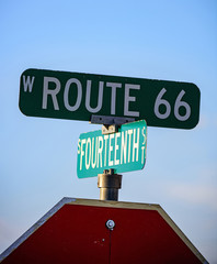 Route 66. Historic sign. Fourteenth street sign. Road rules. The streets of the United States....