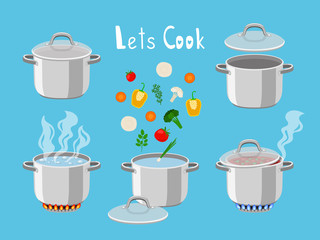 Cooking pans with water. Cartoon pan objects for kitchen of pots with boiling water and cooking ingredients, vector illustration of flaming gas burners isolated on blue background