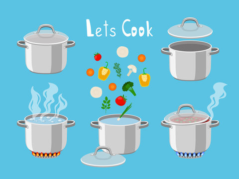 Cooking Pans With Water. Cartoon Pan Objects For Kitchen Of Pots With Boiling Water And Cooking Ingredients, Vector Illustration Of Flaming Gas Burners Isolated On Blue Background