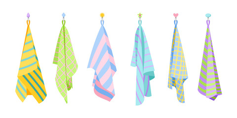 Kitchen textile towels. Cartoon hanging cute towel set of fabric, vector illustration of dry fluffy items for cleaning isolated on white background