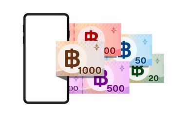 smartphones and thai banknote money baht isolated on white, smart phone screen and money thailand THB, mobile phone wallet, financial business concept, paper money and smartphone, online shopping idea