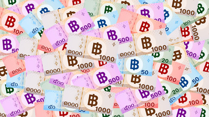 banknote money thai baht for background, money 1000, 500, 100, 50, 20 baht flat style in top view, thai currency THB for wallpaper pattern, paper money for banner background, business finance concept