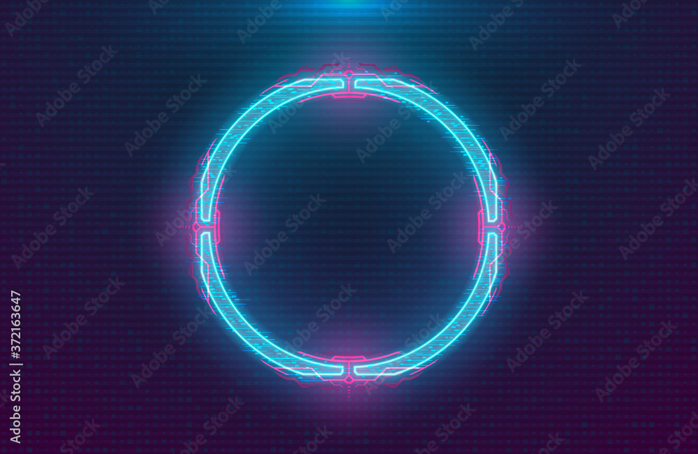 Poster futuristic illuminated cyberpunk hologram circle. modern circle with blue hud neon effect and pink p