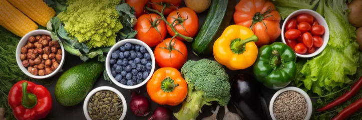 Foto op Plexiglas Healthy eating ingredients: fresh vegetables, fruits and superfood. Nutrition, diet, vegan food concept © Acronym