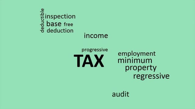 Animated text of words related to taxes on light green background. Calibri font used.