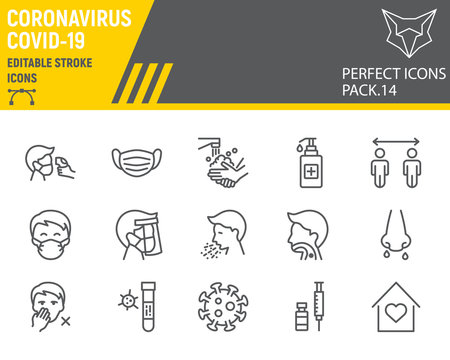 Coronavirus line icon set, prevention collection, vector sketches, logo illustrations, covid-19 icons, 2019-ncov signs linear pictograms, editable stroke.